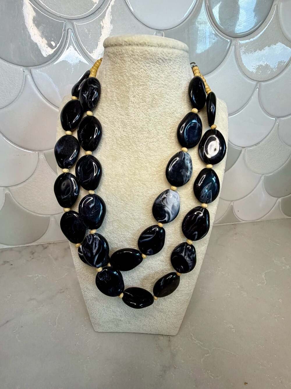 Chunky Double Strand Black and White Marbled Oval Bead Statement Necklace